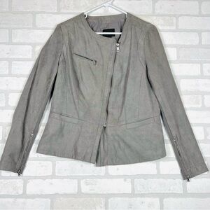 DKNY Jeans Jacket Women Large Gray Faux Suede Polyester Long Sleeve Clipside Zip
